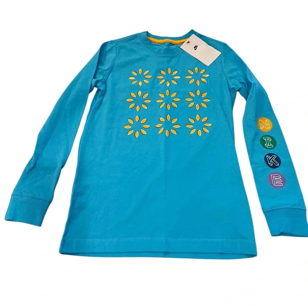 NWT Nike Youth Floral Long Sleeve Blue/Yellow Tee in Youth Small